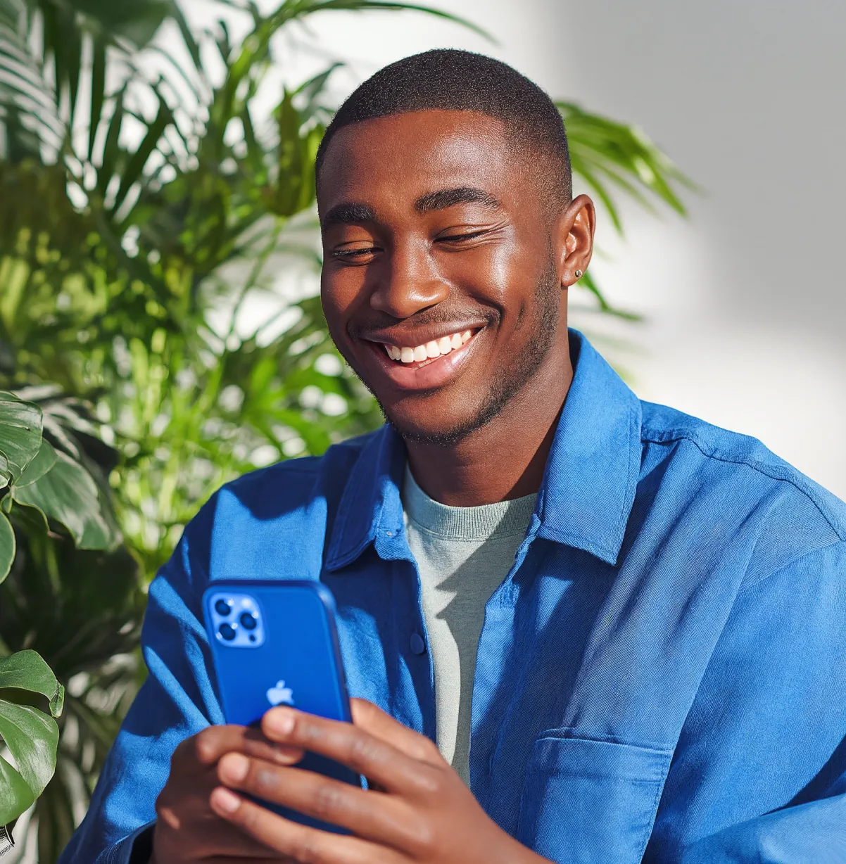 Young man smiling at his phone