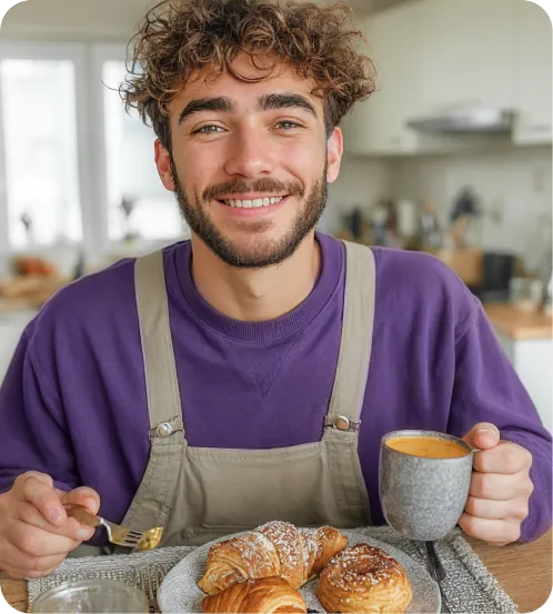 Smiling man in an apron holding a plate of pastries
