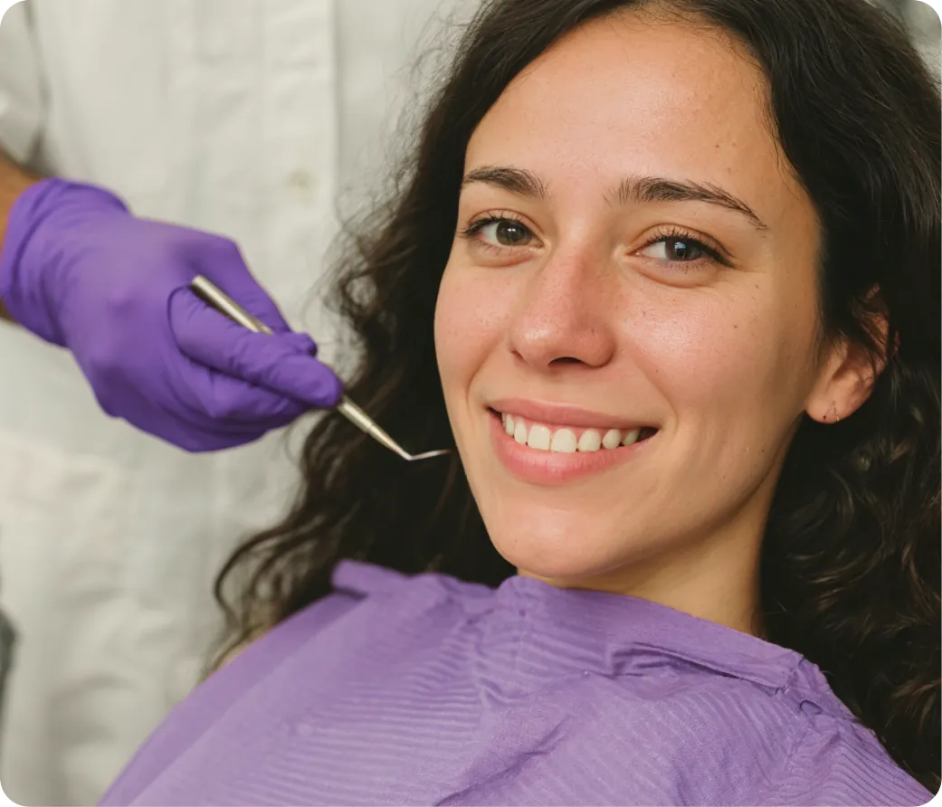 Smiling woman in a purple top during a dental checkup