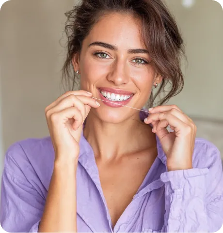 Smiling woman flossing her teeth