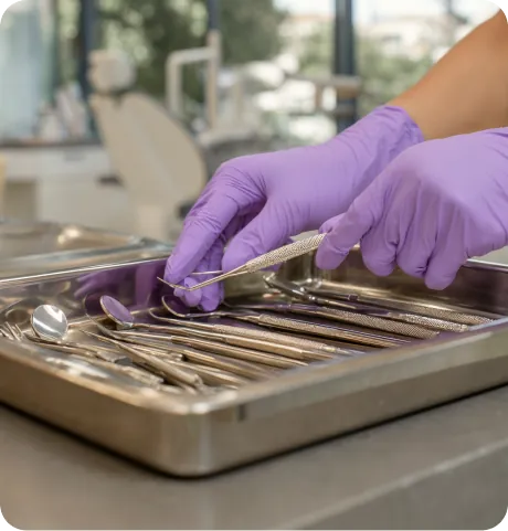 Dentist’s purple gloved hand arranging dental instruments