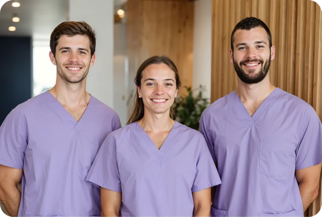 Three smiling dentists in purple scrubs
