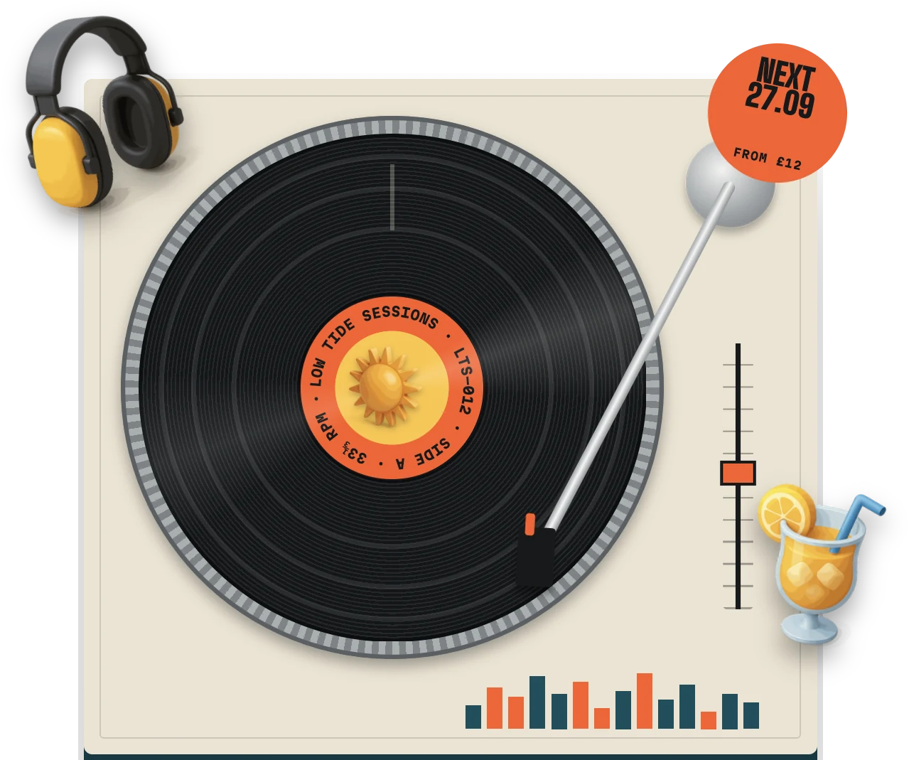 Turntable playing the LTS-012 record, with headphones, a cocktail and a sticker reading NEXT 27.09 FROM £12