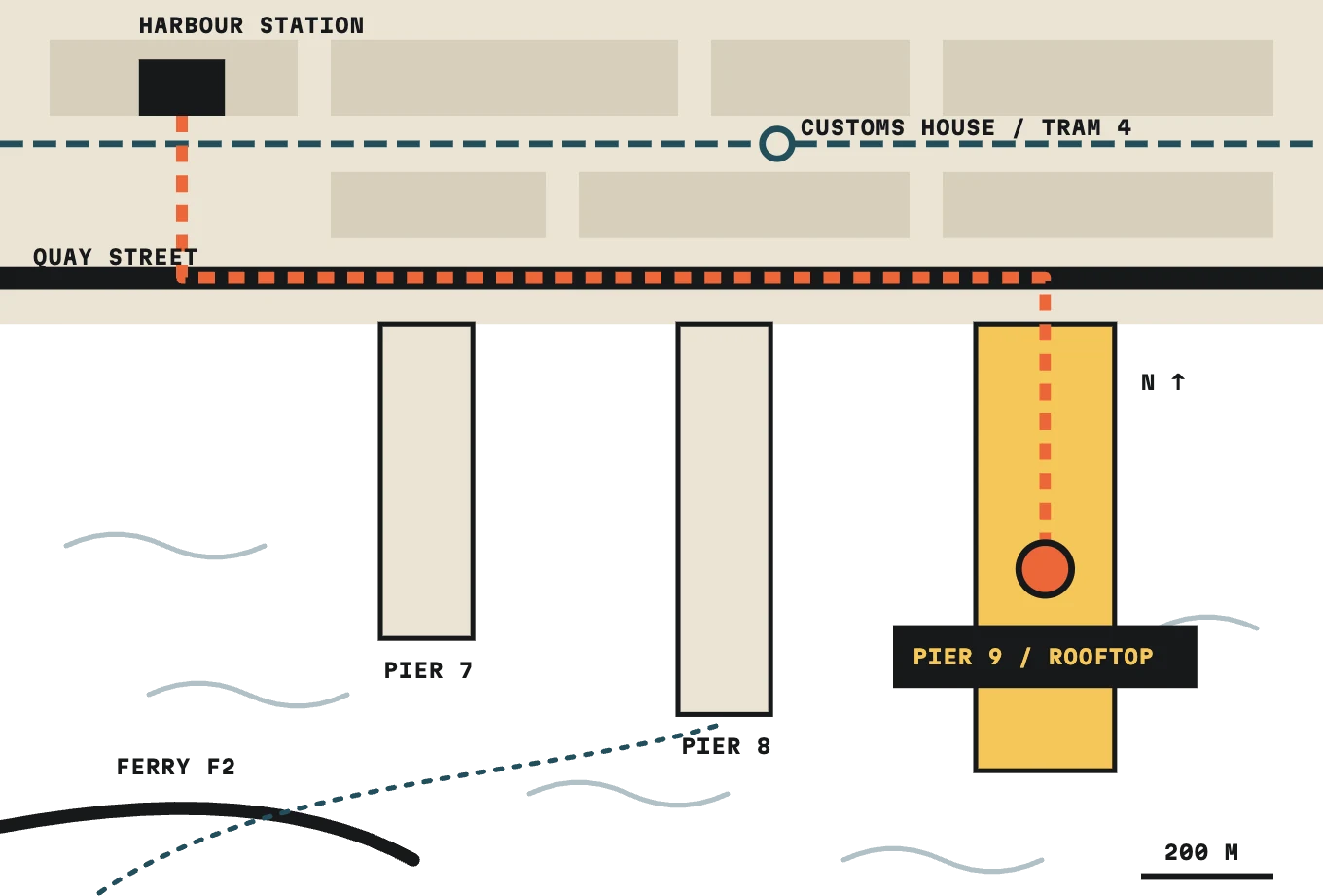 Map: Harbour Station, Customs House / Tram 4, Quay Street, Pier 7, Pier 8, Pier 9 / Rooftop and Ferry F2