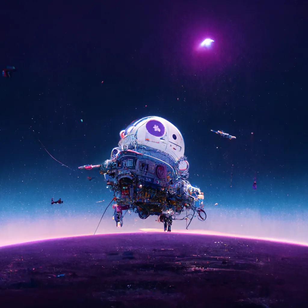 A spaceship drifting above a glowing planet