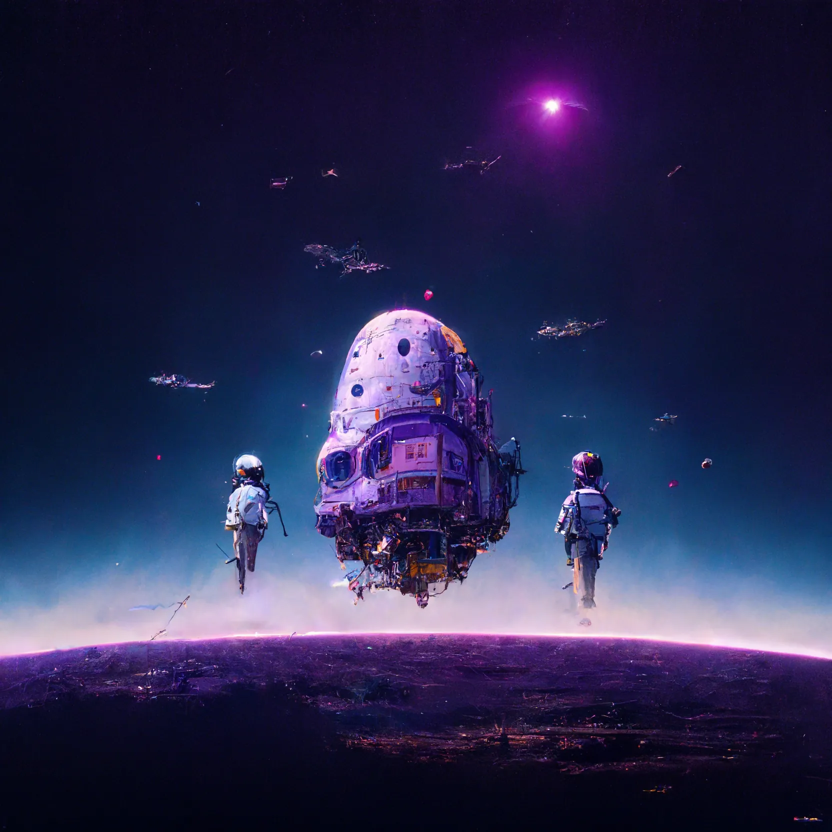 Astronauts floating toward a purple spaceship above a planet